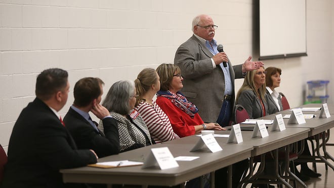 Sammy Farmer, candidate for County Commissioner Pct. 2, answers a question during a forum of candidates running for county, state and federal offices hosted by the San Angelo TEA Party Tuesday, Feb. 13, 2018. 