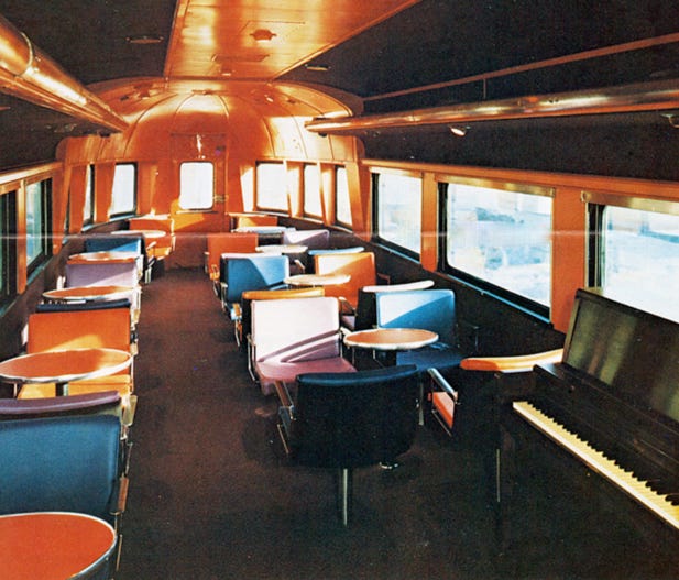 A lot of effort was put into modernizing the cars, as seen in this 1973 image of a refurbished dome-pub car, which had originally been built in 1947 by the Budd Company as an observation lounge for the Chicago, Burlington and Quincy Railroad's Twin C
