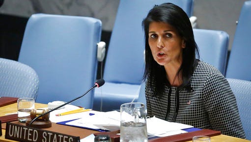 United Nations U.S. Ambassador Nikki Haley address the Security Council after a vote on a resolution condemning Syria's use of chemical weapons failed, Wednesday, April 12, 2017 at U.N. headquarters.