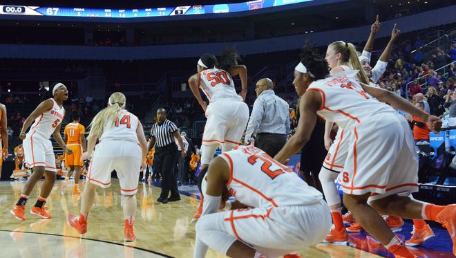 Syracuse celebrates its win over Tennessee at the 2016 NCAA Division 1 women's basketball regional final at the Denny Sanford Premier Center. Sioux Falls is hoping to build off the success of that event.