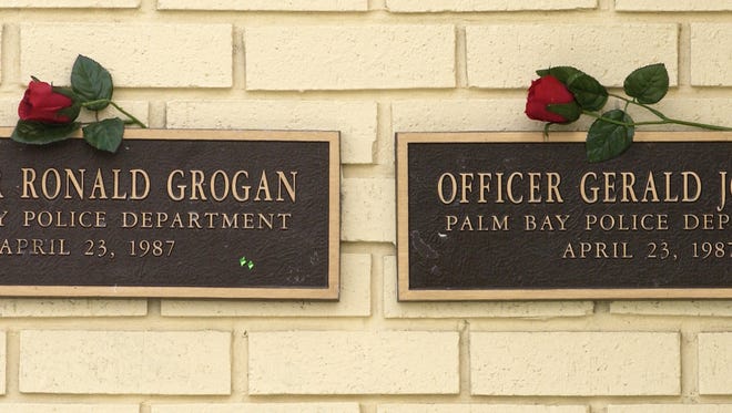 Names on the memorial.  Sacrifice Park, located between the PBPD ,and the DeGroodt library, includes a monument with the names of Palm Bay law enforcement who have lost their lives.There was a 9:30am tribute to the two PBPD officers  (Ronald Grogan ,and Gerald Johnson) and the four civilians that William Cruse murdered