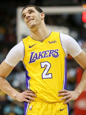 Los Angeles Lakers guard Lonzo Ball shows emotion against the Atlanta Hawks in the fourth quarter at Philips Arena.