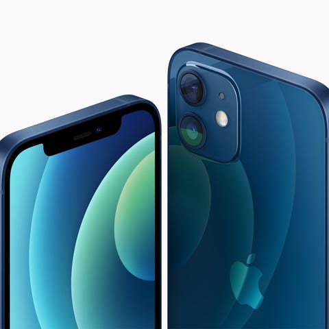A front and back view of the iPhone 12.