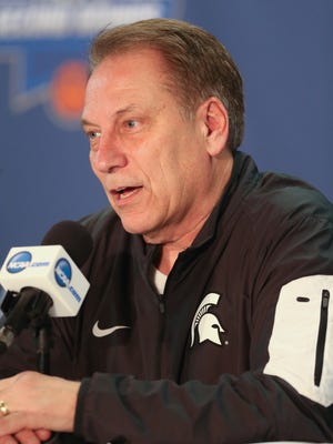 Michigan State coach Tom Izzo talks to reporters before this year's NCAA tournament in St. Louis.