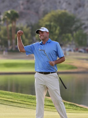 Bill Haas celebrates his victory after rolling in the final putt to win the Humana Challenge on Sunday. He also won in 2010.