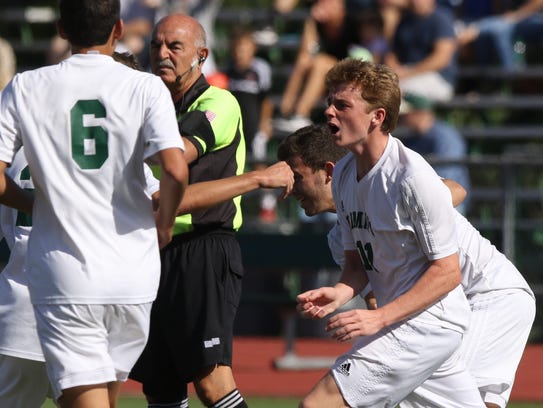 Ramapo celebrates their first goal of the game by Liam