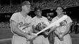 1954: Duke Snider of the Brooklyn Dodgers, Willie Mays of the New York Giants, and Stan Musial of the Cardinals before the start of the All-Star Game.