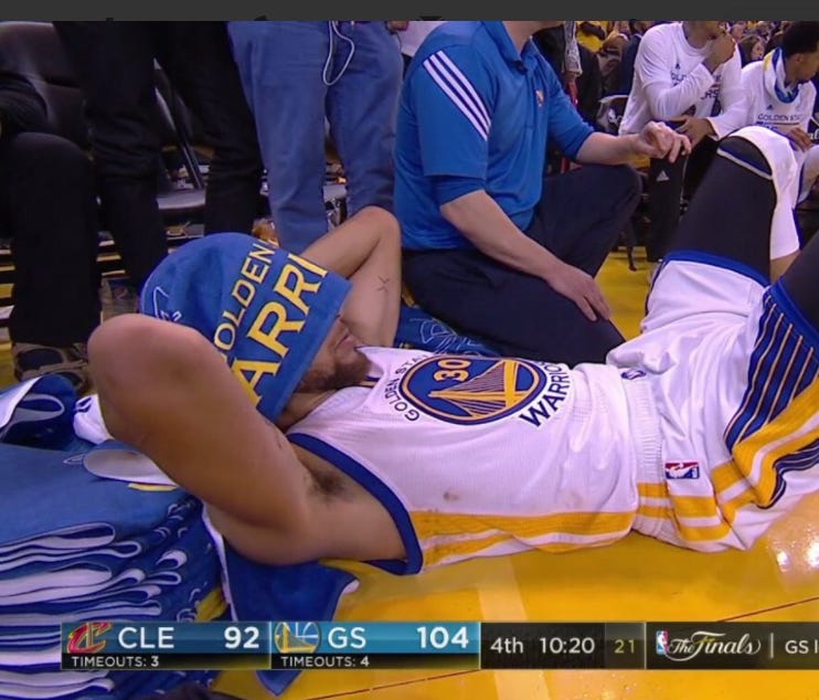 Steph Curry took a break during Game 2 of the NBA Finals.