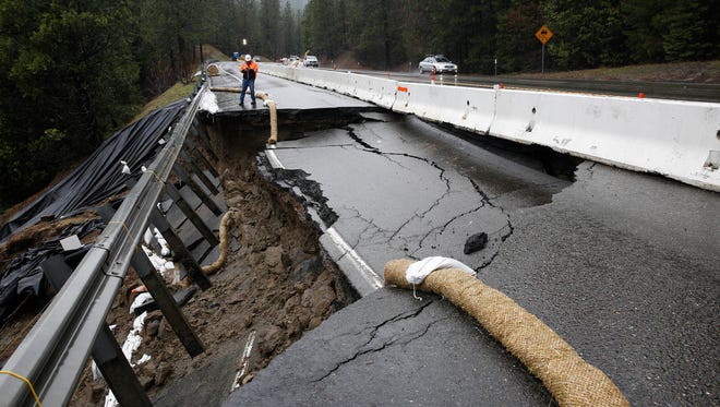 The shoulder and one lane of westbound Highway 50 are damaged due to storms near Pollock Pines.