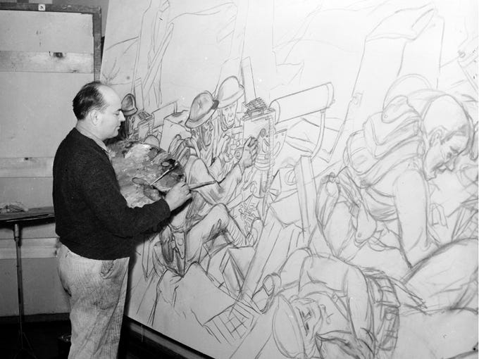 WPA artist Joe Sparks paints soldiers on mural at Fort