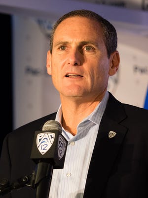 Pac-12 commissioner Larry Scott addresses the media during Pac-12 men's basketball media day.