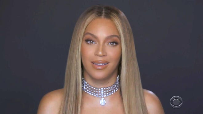 In this video grab issued Sunday, June 28, 2020, by BET, Beyonce accepts the humanitarian award during the BET Awards.