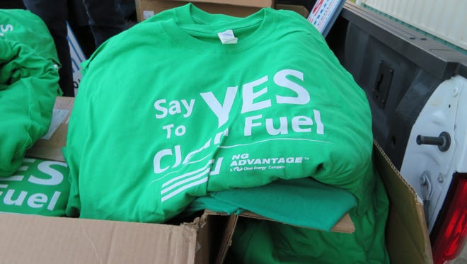 To counter opposition, NG Advantage was distributing T-shirts expressing support for its natural gas compressor/transfer station before the planning board meeting Tuesday night, Sept., 26 2017 at the Port Crane Fire Hall.