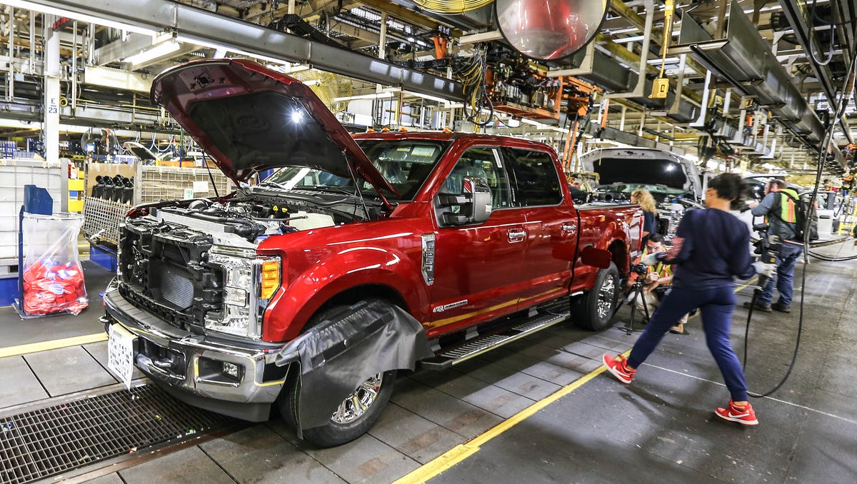 Ford Super Duty trucks on the assembly line at the Kentucky Truck Plant in Louisville, Kentucky on Sept. 30, 2016