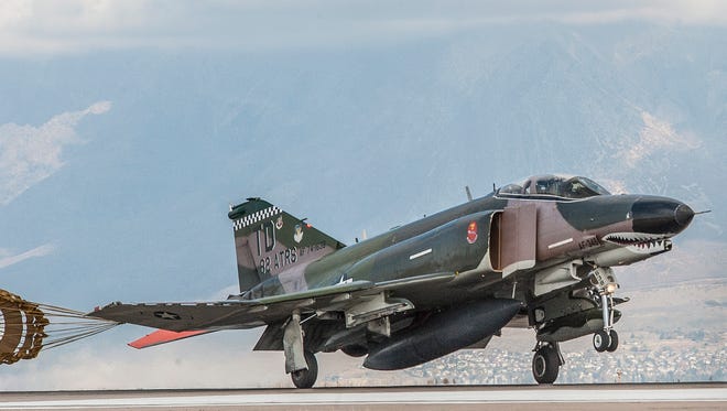 A QF-4 Aerial Target aircraft in manned configuration, piloted by Jim Harkins, 82nd Aerial Targets Squadron, Detachment 1, arrives at Hill Air Force Base, Oct. 25.