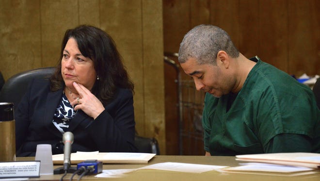 Ringwood murder suspect Clinton Degroat and defense attorney Susan McCoy appear for his  arraignment before Superior Court Judge Justine Nicollai. Degroat is charged with shooting a former girlfriend, Nicole Sierra, on March 8.