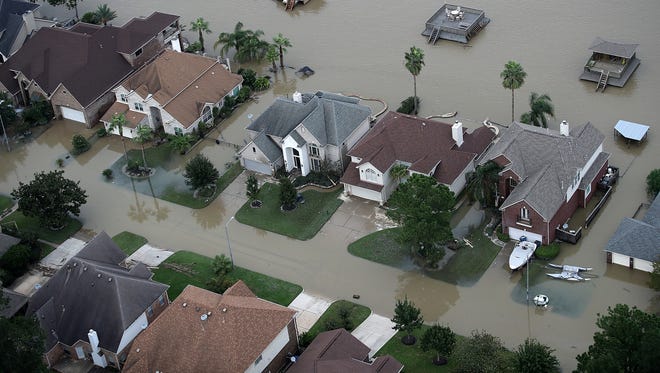 Flooded homes are shown on Aug. 30, 2017, near Lake Houston following Hurricane Harvey.