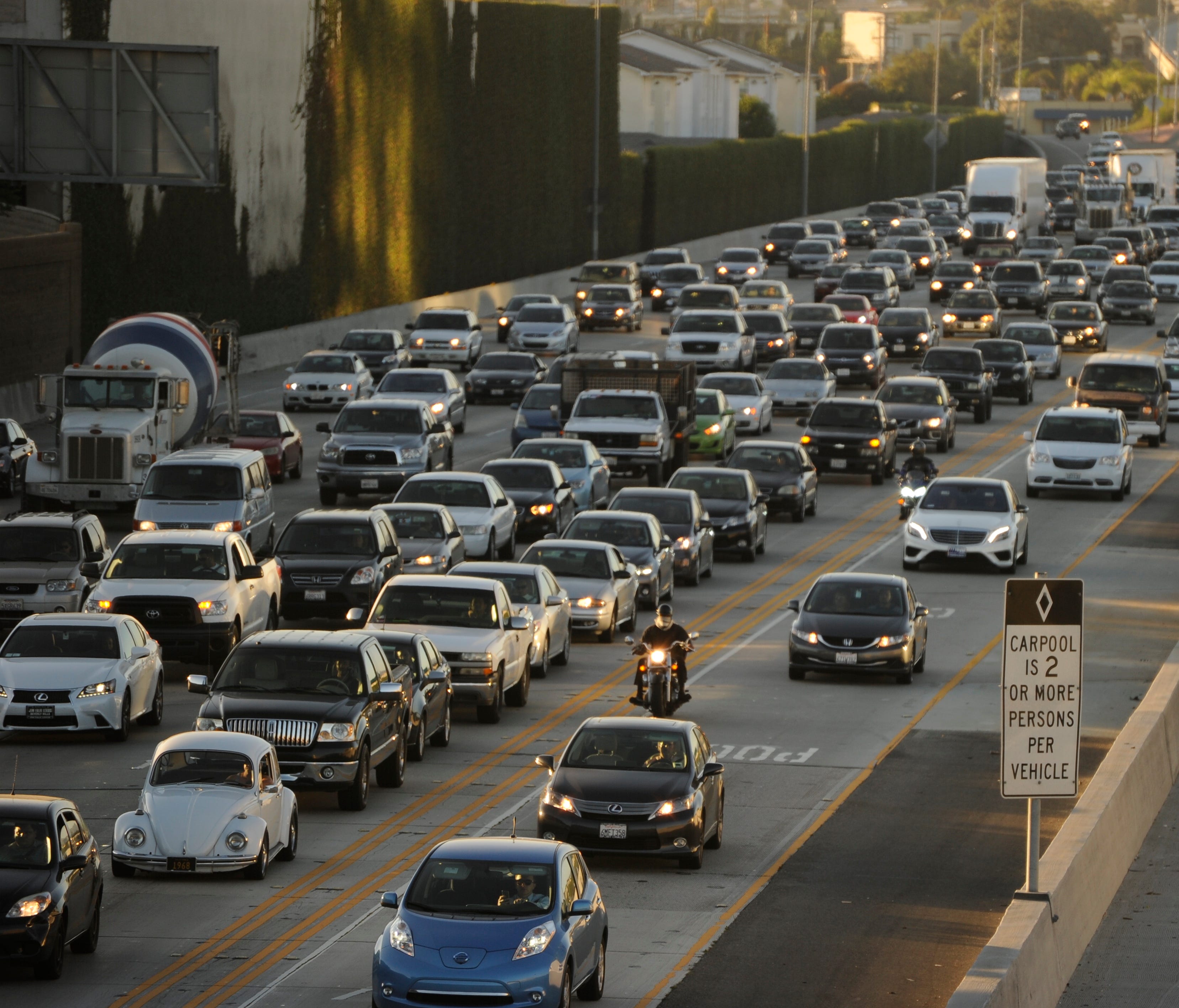 Southbound traffic on the San Diego Freeway south of the Santa Monica Freeway in the Los Angeles area.