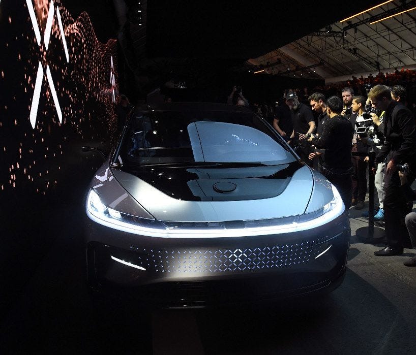Faraday Future's FF 91 prototype electric crossover vehicle is unveiled during a press event for CES 2017 at The Pavilions at Las Vegas Market on January 3, 2017 in Las Vegas, Nevada.