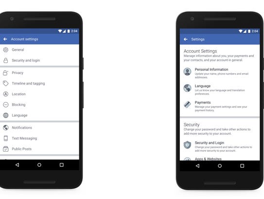 Screen shots of Facebook's privacy settings in their previous mode, at left, and updated, at right.