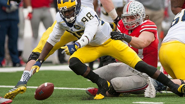 While being tackled by Joey Bosa, Devin Gardner fumbles in the fourth quarter. It was recovered by Darron Lee and returned 33 yards for a TD.