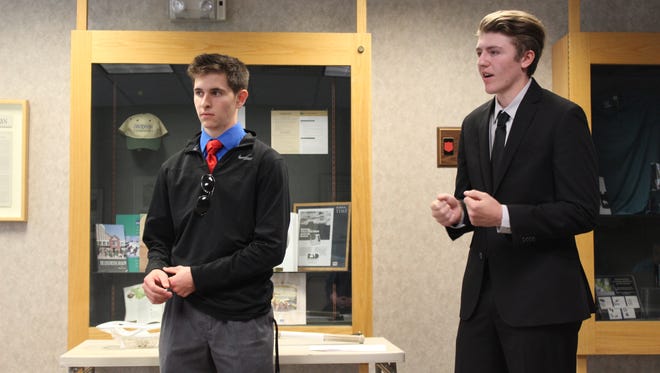 Colton Rasmussen (left) and Trent Cavanagh present their company, Re-Lax, to a panel of judges on Thursday, May 18, 2017.