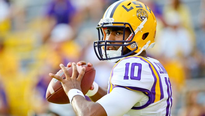 LSU Tigers quarterback Anthony Jennings (10) before a game against the McNeese State Cowboys at Tiger Stadium.