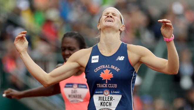 Heather Miller-Koch reacts after winning the heptathlon 800-meter run at the U.S. Olympic Track and Field Trials on Sunday, July 10, 2016, in Eugene, Oregon.
