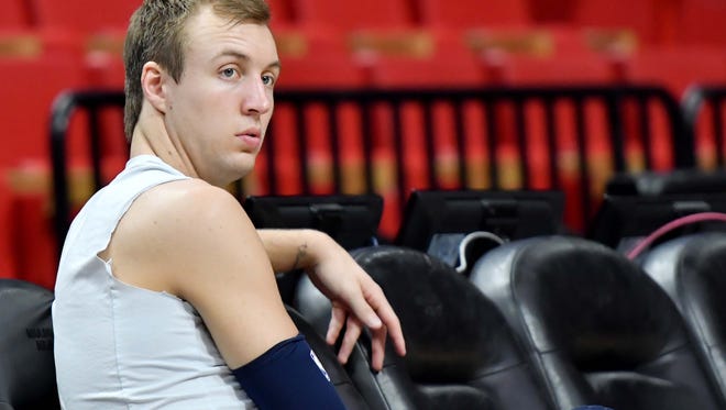 Detroit Pistons guard Luke Kennard (5) prior to a game against the Miami Heat at American Airlines Arena on Saturday, March 3, 2018.