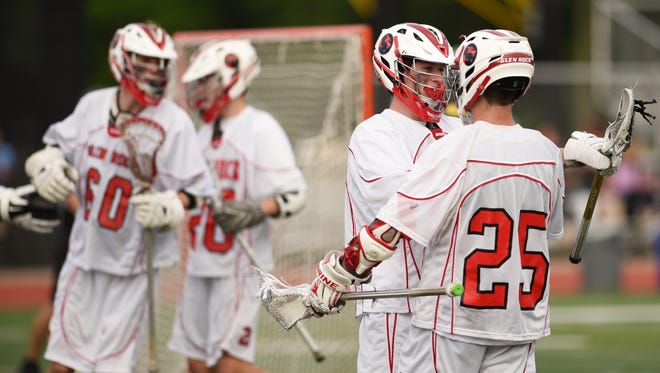 Boys lacrosse state tournament game between second-seeded Glen Rock and third-seeded Kinnelon in the North Group 1 semifinal on Wednesday May 24, 2017. Glen Rock celebrates after they win. 