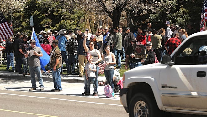 Gun rights supporters rally at the state Capitol in Carson City on April 14, 2018.