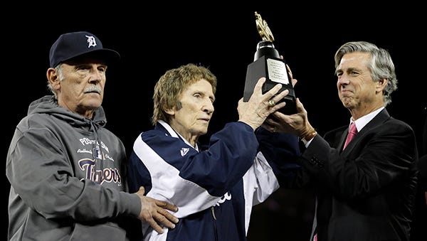 Jim Leyland, Mike Ilitch and Dave Dombrowski with the American League championship trophy in 2012.