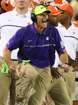 Clemson defensive coordinator Brent Venables reacts after a defensive stop against Georgia Tech during the 2nd quarter at Georgia Tech's Bobby Dodd Stadium in Atlanta on Thursday, September 22, 2016 at 