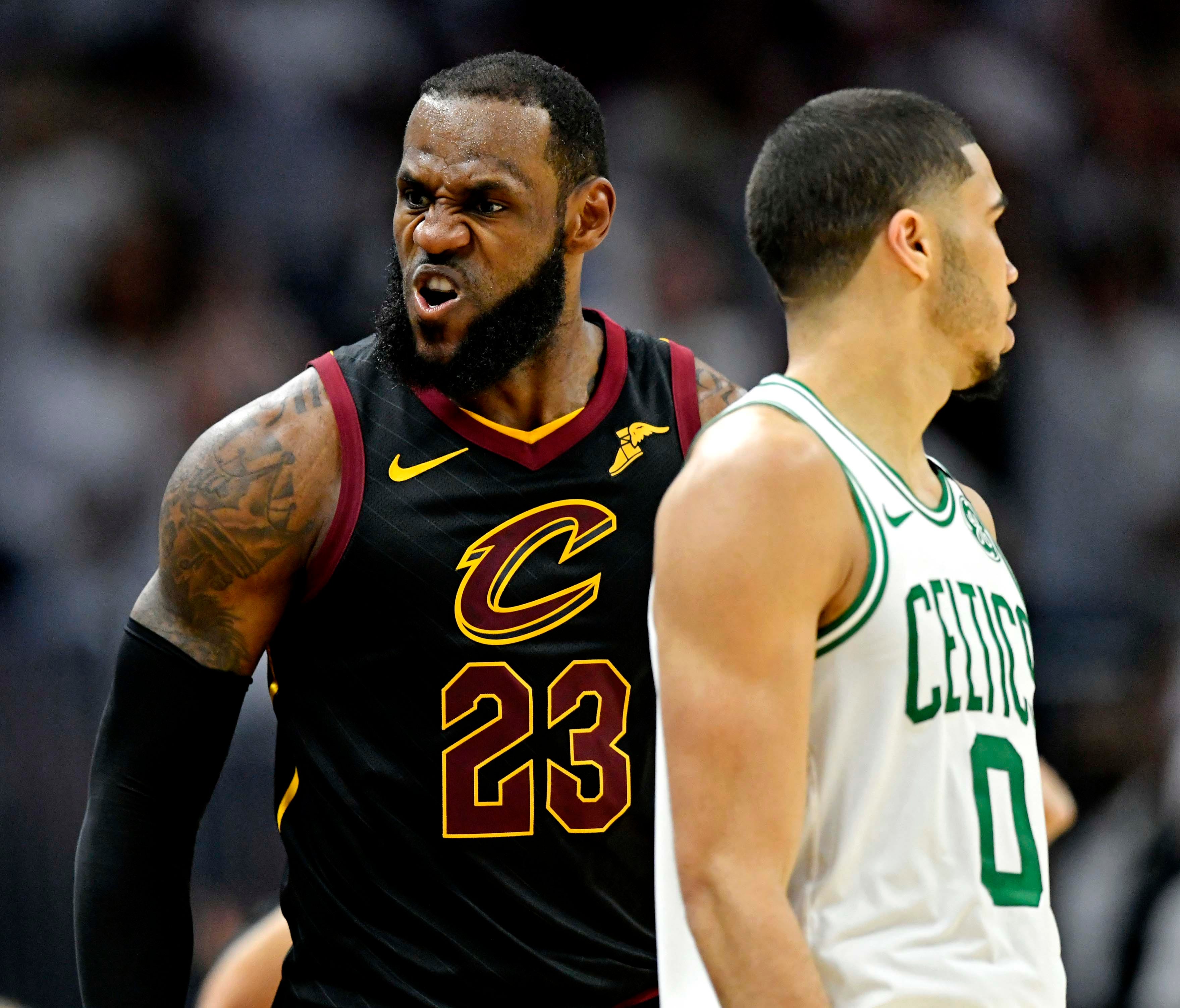 Cleveland Cavaliers forward LeBron James (23) reacts after a play against the Boston Celtics in game six of the Eastern conference finals of the 2018 NBA Playoffs at Quicken Loans Arena.