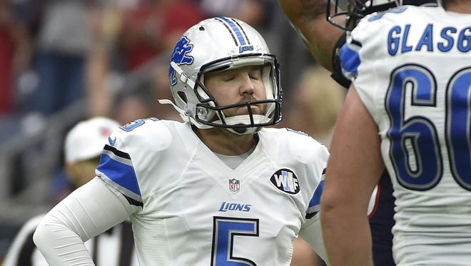 Lions kicker Matt Prater reacts to missing a field goal last week. Prater has struggled at times, but still has the full support of his coach.