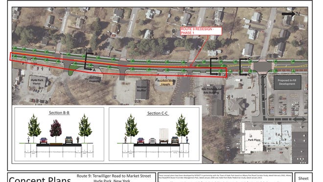 
The second of two illustrations of phase one of a concept plan to construct new sidewalks and a bicycle lane on the east side of Route 9 in Hyde Park. The project was developed by the state Department of Transportation, in conjunction with town officials. 
