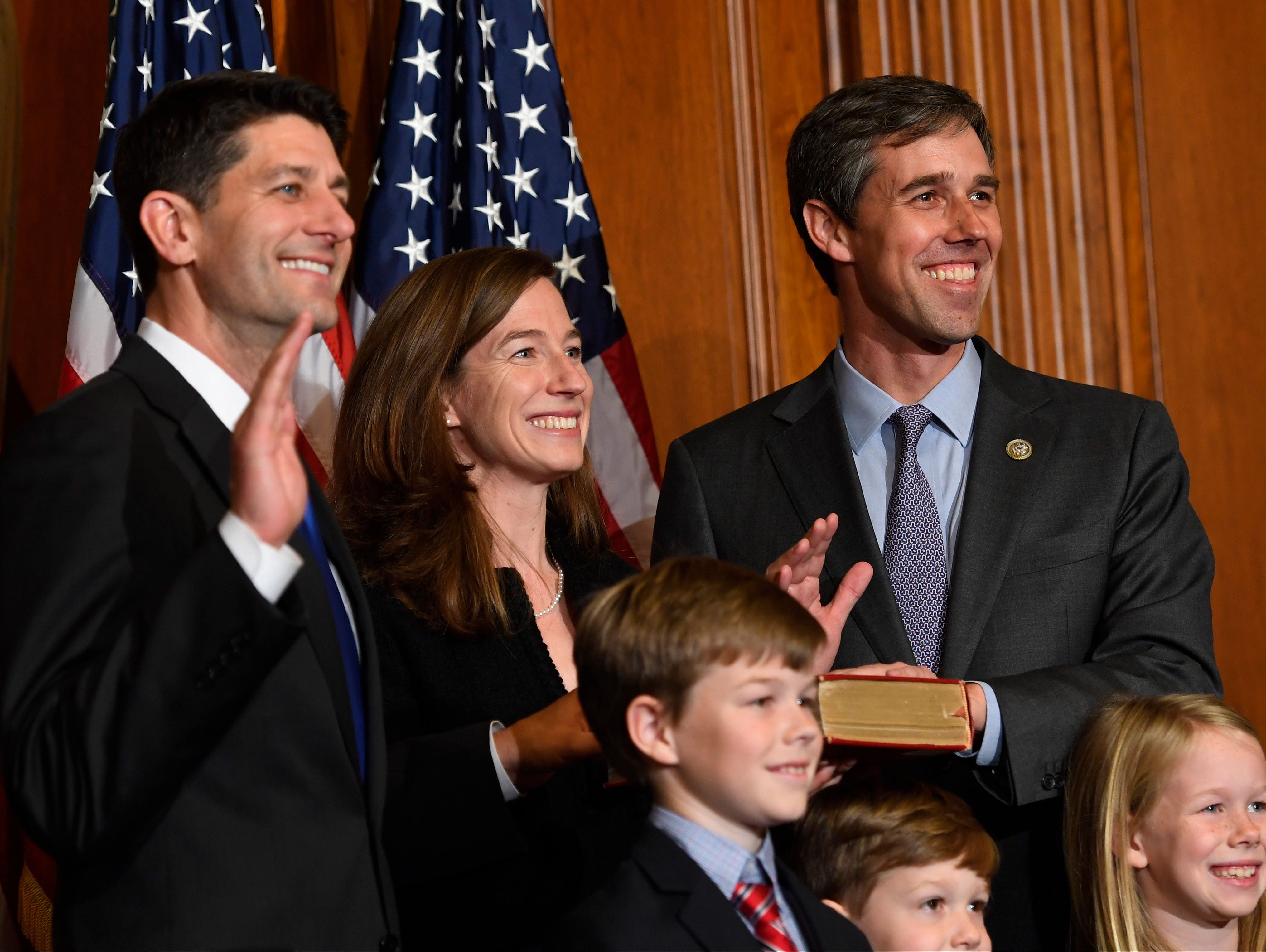 Rep. Beto O'Rourke, D-Texas, stands with House Speaker Paul Ryan, R-Wisconsin, for a ceremonial swearing-in and photo-op during the opening session of the 115th Congress.