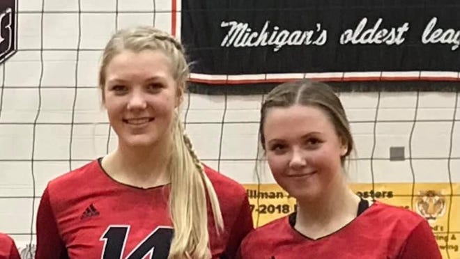 Onaway senior Breya Domke (left) and junior Cloe Ehrke were recently named to the Michigan Interscholastic Volleyball Coaches Association's (MIVCA) Division 4 All-State team as honorable mentions. The two players were key in helping the Cardinals earn both Ski Valley Conference and district titles this past season.