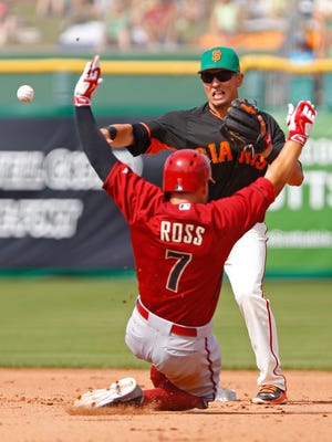 Arizona Diamondbacks left fielder Cody Ross (7) is forced out at second by San Francisco Giants second baseman Joe Panik (12) in the 4th inning during their spring training game Tuesday, March 17, 2015 at Salt River Fields at Talking Stick.