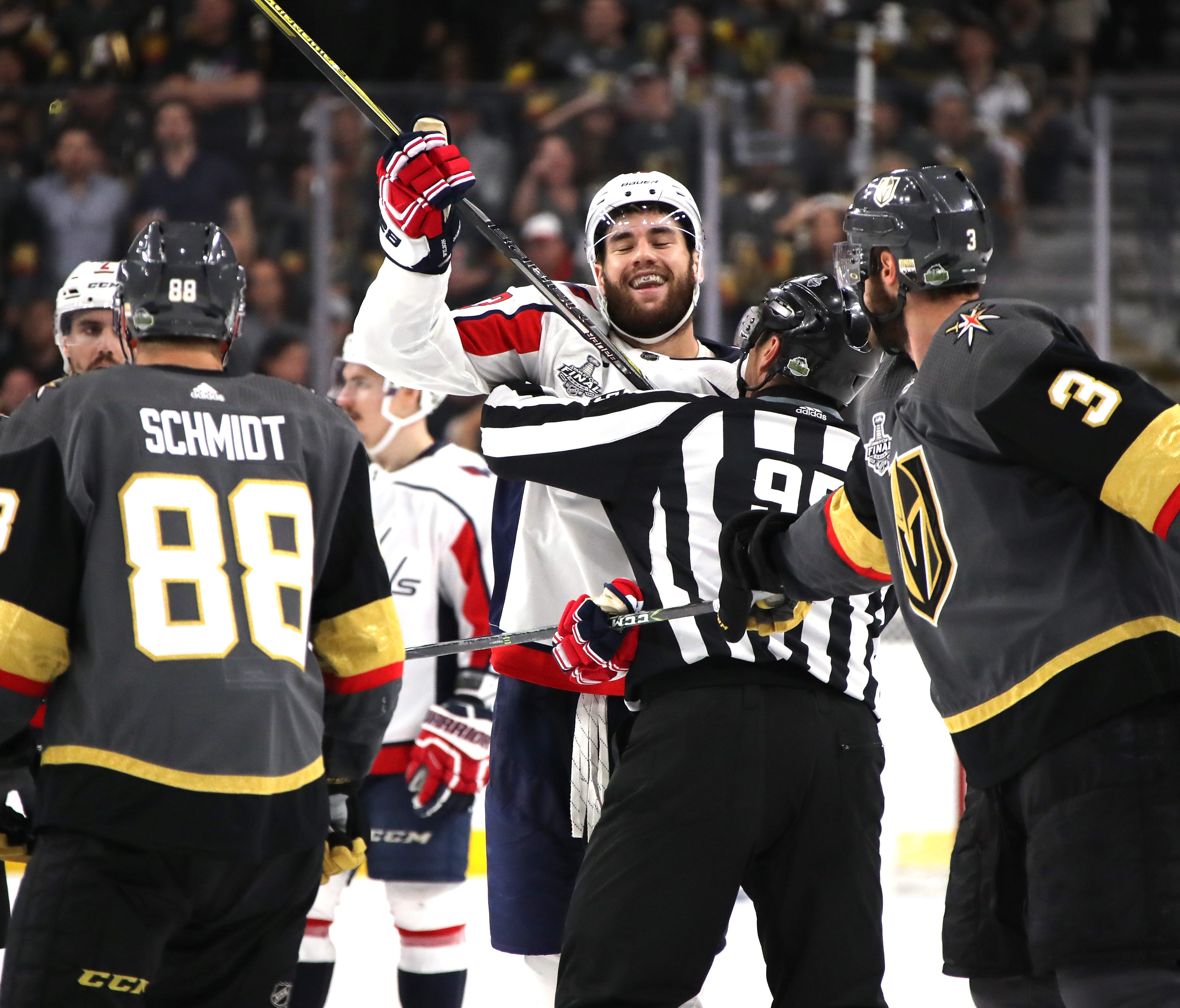 Tom Wilson of the Washington Capitals reacts after the whistle against the Vegas Golden Knights during the third period of Game 1.