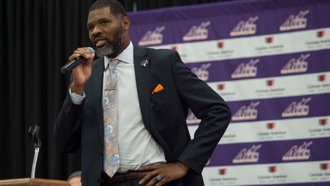 Walter McCarty speaks as he is introduced at Meeks Family Fieldhouse on Friday, March 23, 2018. McCarty, an Evansville native was announced as the new University of Evansville mens basketball coach Thursday. 