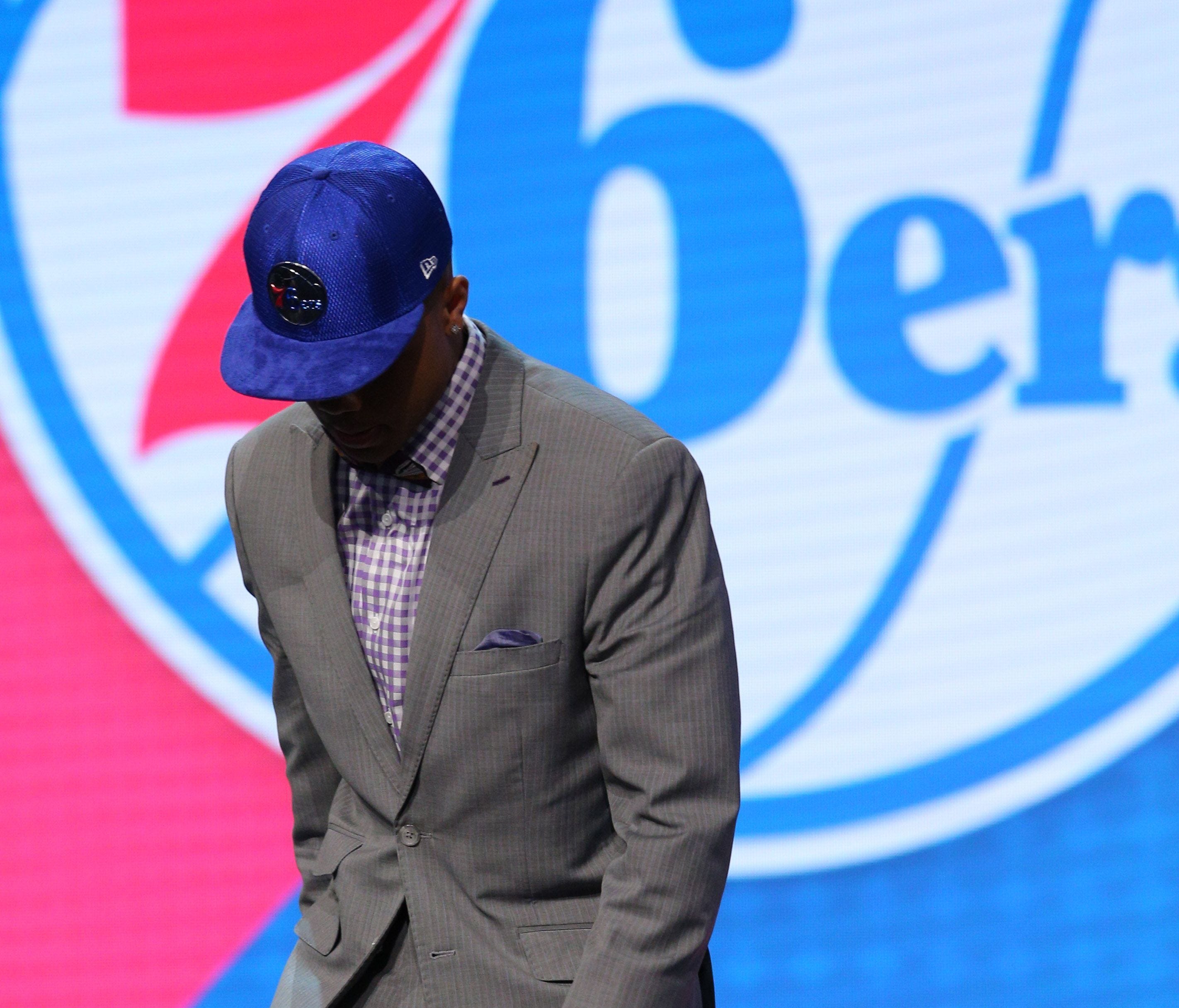 Jun 22, 2017; Brooklyn, NY, USA; Markelle Fultz (Washington) walks off stage after being introduced as the number one overall pick to the Philadelphia 76ers in the first round of the 2017 NBA Draft at Barclays Center. Mandatory Credit: Brad Penner-US
