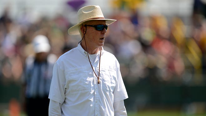 Green Bay Packers general manager Ted Thompson looks on during training camp practice at Ray Nitschke Field on Saturday, Aug. 15, 2015.