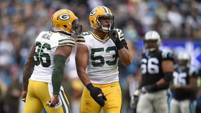 Green Bay Packers linebacker Nick Perry (53) reacts after making a tackle during Sunday's game against the Carolina Panthers at Bank of America Stadium in Charlotte, NC.