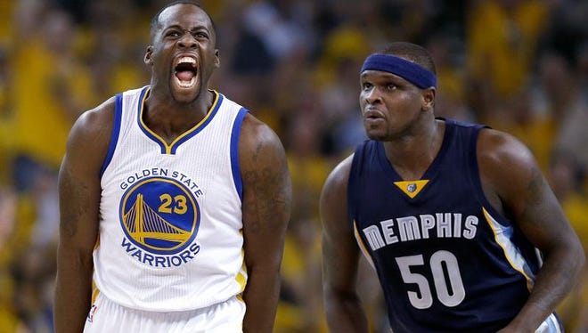 Golden State Warriors forward Draymond Green, right, celebrates a 3-pointer in front of Memphis Grizzlies forward Zach Randolph during Game 1 of their Western Conference semifinal series. Green starred at MSU from 2008-12. Randolph played one season for the Spartans 14 years ago.