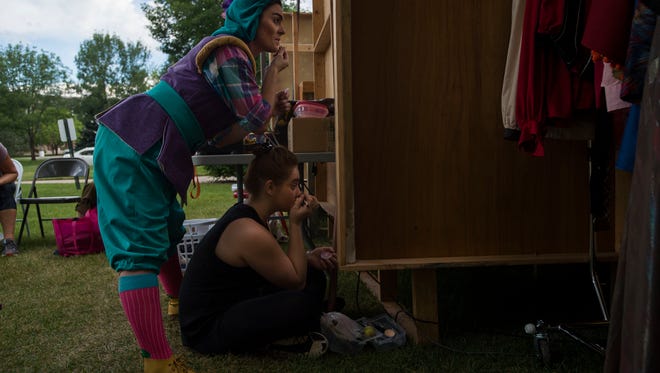 Molly McGuire, left, and Shannon Nicole Light finish their makeup before the OpenStage Theatre & Company's production of William Shakespeare's The Comedy of Errors on Friday, June 22, 2018, at The Park at Columbine Health Systems in Fort Collins, Colo.