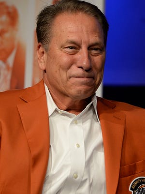 Tom Izzo of the 2016 class of inductee into the Basketball Hall of Fame during a news conference at the Naismith Memorial Basketball Hall of Fame, Thursday, Sept. 8, 2016, in Springfield, Mass. (AP Photo/Jessica Hill)