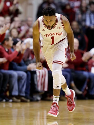 Indiana's James Blackmon Jr. reacts after hitting a shot during the first half Saturday, in Bloomington.