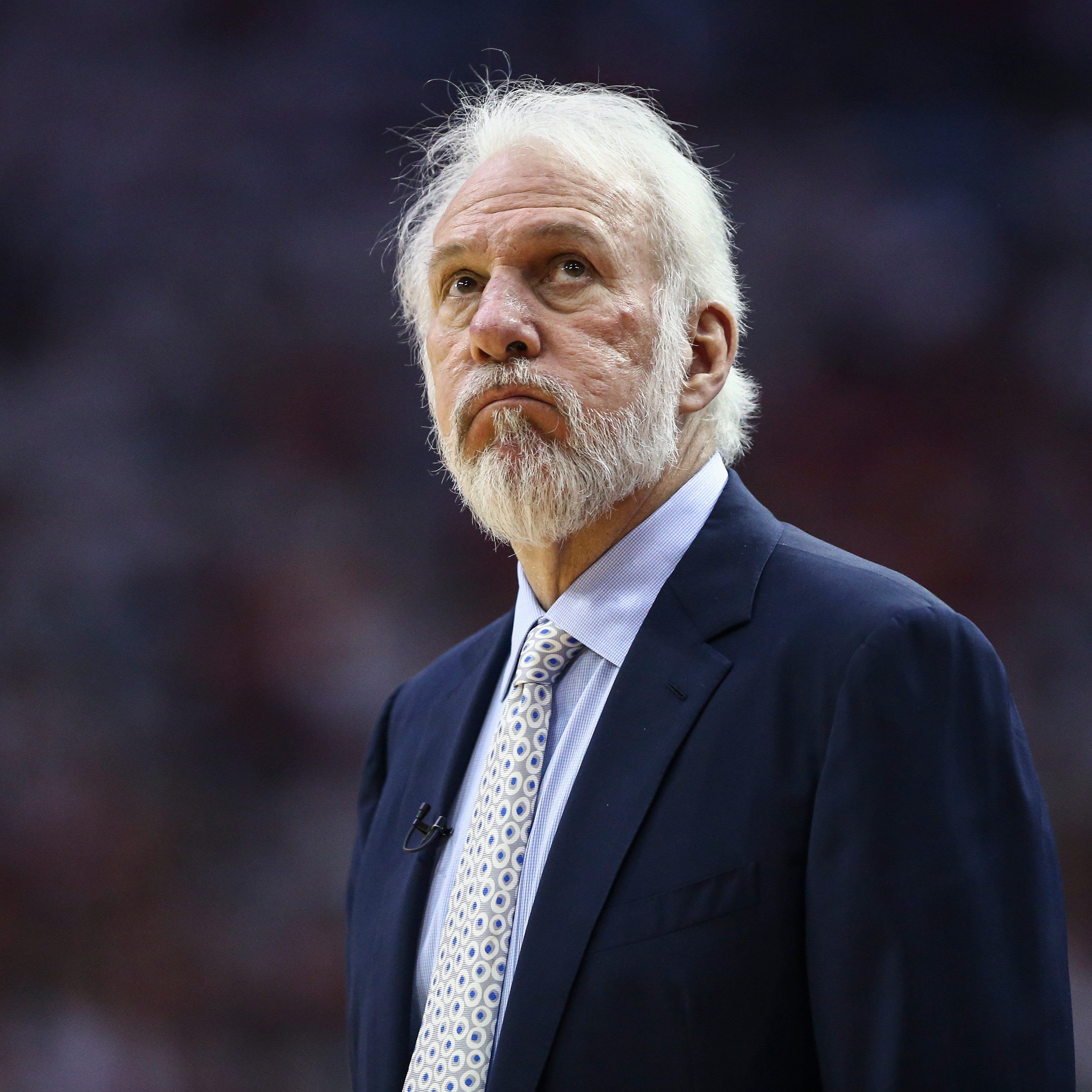 May 7, 2017; Houston, TX, USA; San Antonio Spurs head coach Gregg Popovich looks up during the second quarter against the Houston Rockets in game four of the second round of the 2017 NBA Playoffs at Toyota Center. Mandatory Credit: Troy Taormina-USA TODAY Sports ORG XMIT: USATSI-359214 ORIG FILE ID:  20170507_gma_at5_161.jpg