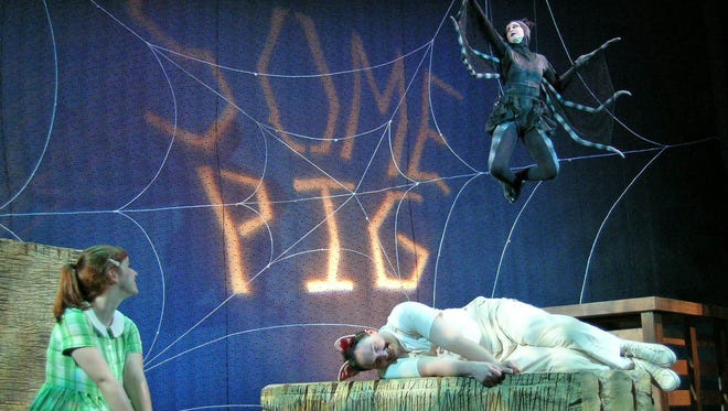 Amanda Card, left, as Fern, Shawn Knight as Wilbur, and Jamie Farmer as Charlotte in Nashville Children's Theatre's production of "Charlotte's Web."